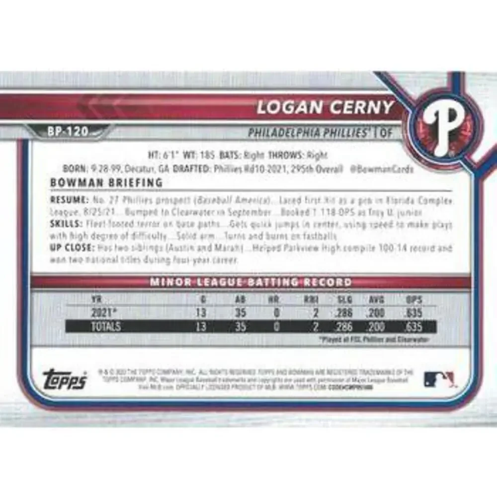 2022 Bowman 1st Bowman Logan Cerny #BP-120 Philadelphia Phillies